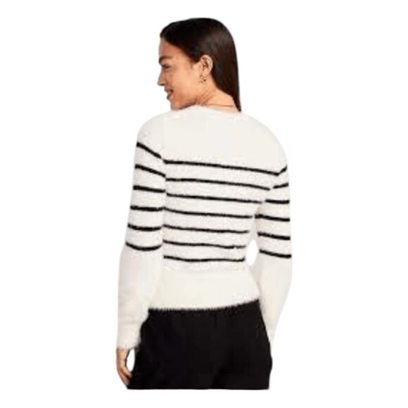 Old Navy Breton Stripe Eyelash Party Sweater White Black Fuzzy Knit Crewneck XXL - Picture 4 of 9
